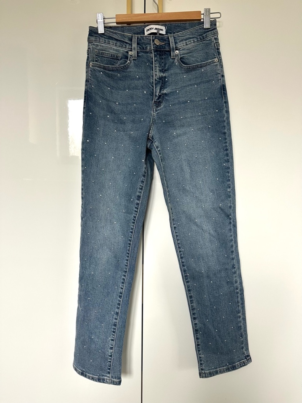 DKNY high-rise straight rhinestone-stud jeans small